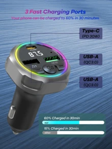 REMAX USB C Bluetooth Adapter For Car, AUX Wireless FM Radio Transmitter, PD 30W Dual Port Fast Charger, Hands-Free Calling & Audio Receiver, MP3 Music Player, QC3.0 & Type-C PD USB Charger, Colors LED Backlit, TF Card Supported, Fast Charging Cigarette Lighter, Car Accessories, Super Practical Car Stuff - C63 - View 4