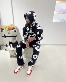 RAPNESS Denim T Gothic Peony Print Sweatsuit Set 2025, Hip Hop Streetwear Oversized Hoodie & Joggers, Y2K Retro Graphic Lounge Set, Unisex Autumn Winter Daily Wear - Xám - Xem 5