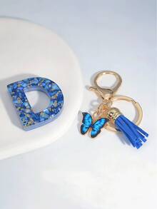 1个A-Y字母钥匙扣，精美蓝色流苏蝴蝶，英文字母钥匙扣，水晶树脂水滴吊坠，女士包包挂饰，汽车挂件，送给她的礼物