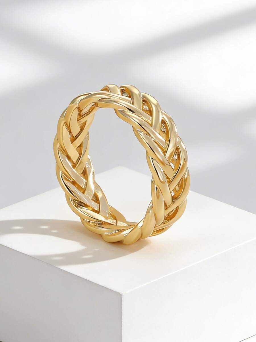 Charm-In Women's Gold-Plated Braided Twist Ring - Textured Accessory For Daily/Street Style/Weekend Outings, Stylish Gift For Fashionistas - Gold - View 1