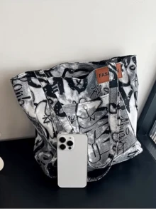 Bolso de lona, gran capacidad portátil, nuevo bolso de hombro multifuncional de moda para mujeres con estampado de graffiti, bolso de mano para estudiantes universitarios, mochila literaria para estudiantes, adecuado para mujeres o estudiantes, perfecto para guardar libros, artículos de compras, útiles escolares, bolso de mano para mujeres, artículo esencial para la universidad - Blanco y Negro - Ver 9