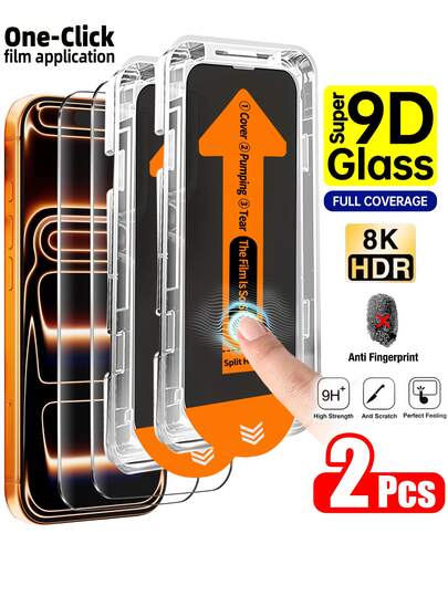 2片装高清高韧性钢化玻璃屏幕保护膜，兼容 17 Pro Max/17 Pro/17 Air/17/16 Pro Max/16 Pro/16e/16/15 Pro Max/14 Pro/13/12/11，配备自动除尘工具，全屏覆盖，防指纹、防摔、防刮花，9H硬度钢化玻璃膜，钢化玻璃材质，包含安装工具包，无气泡、防尘设计，兼容手机壳，屏幕保护必备，适用于日常、办公、家庭等各种场景。防水、防震、防摔、防刮花。