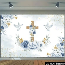 Biểu ngữ trang trí tiệc rửa tội và lễ rước lễ lần đầu thanh lịch với hình thánh giá bằng gỗ, chim bồ câu hòa bình, hoa hồng xanh và nền vàng lấp lánh, lý tưởng cho việc chụp ảnh. - Nhiều màu 2 - Xem 5