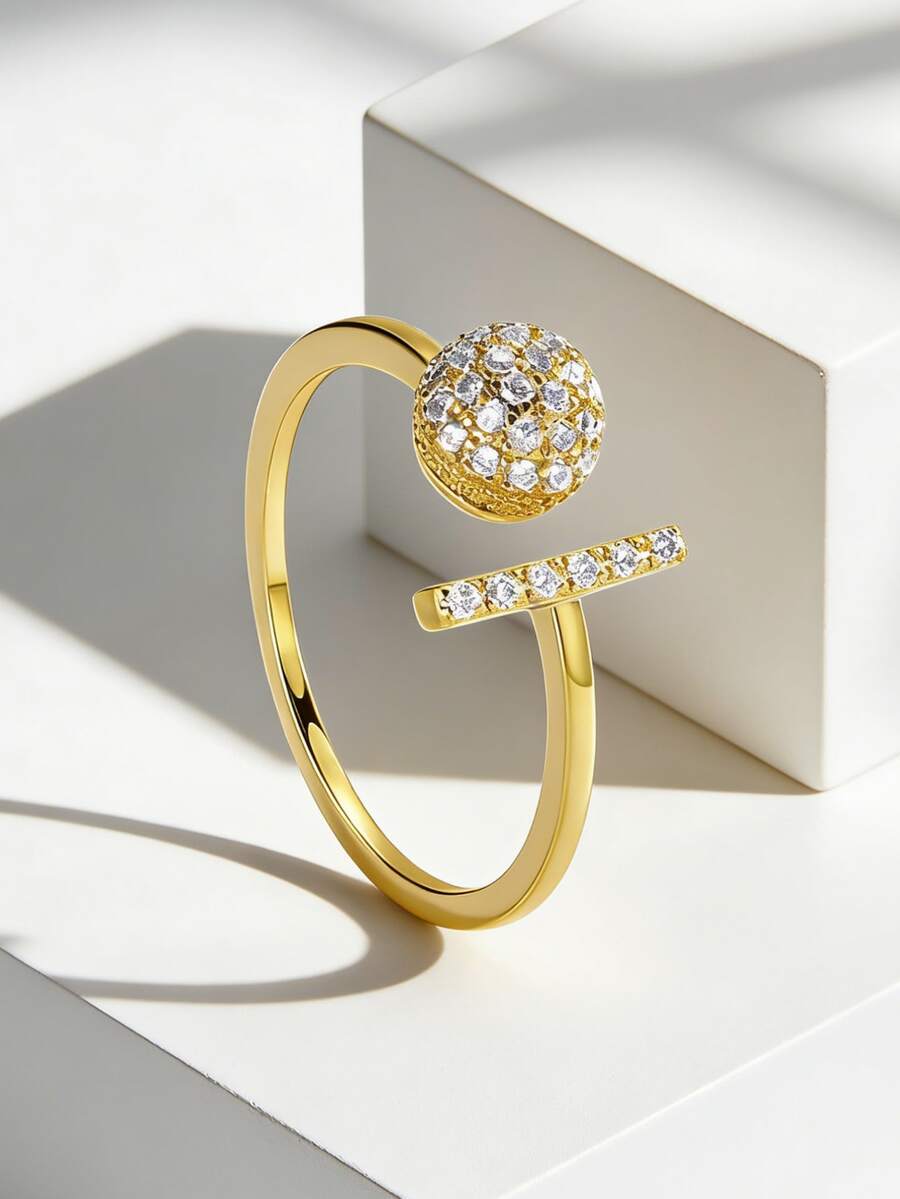 Charm-In Women's Gold-Plated Open Ring With Full CZ Sphere & Bar Inlay, Chic Sparkling Luxury Style Accessory For Daily Wear/Dating/Party/Office, Ideal Gift For Girlfriend/Bestie/Birthday/Festival - Gold - View 1