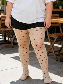 Plus Size Black Sheer Pantyhose With Heart Pattern, Sexy Sheer Mesh Design For Playful & Alluring Look - Apricot - View 5