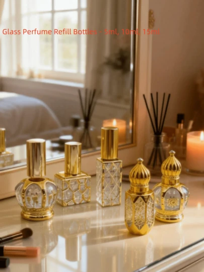 Bouteille de parfum/huile essentielle de luxe portable, à bille gravée or, de style moyen-oriental. Rechargeable et étanche.