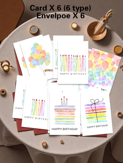 12pcs Unique Watercolor Birthday Greeting Card Set With Envelopes - Birthday Themed Designs - Gift Cards Suitable For All