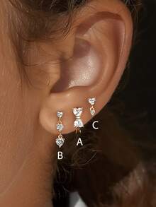 BALMORA 1pc Cute Simple Elegant S925 Sterling Silver Irregular Heart Set Zirconia Earrings Heart-Shaped Bow Stud Earring Women's Valentine's Day Gift And Party Outfit - Gold - View 2