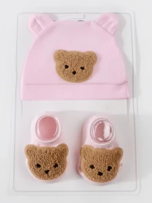 Set de 2 piezas de gorro tipo gorro de bebé recién nacido con orejas de oso y manoplas - 2 piezas - Ver 4