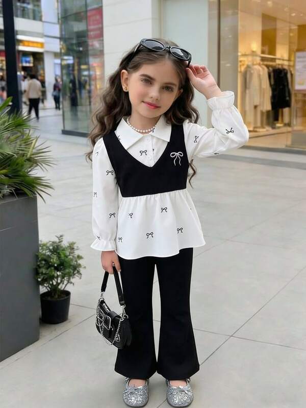 2pcs/Set Young Girl Fashion Casual 2 In 1 Contrast Bow Print Long Sleeve Button-Up Polo Collar Top And Solid Color Elastic Waist Flare Pants Set, Suitable For Daily, Home, Outdoor, Spring/Autumn