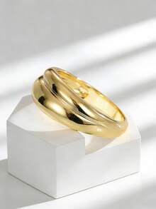 Charm-In Cincin Wanita Berlapis Emas dengan Pita Lebar Ganda dan Bulat - Aksesori Minimalis dan Berani untuk Acara Sehari-hari/Kantor/Formal, Hadiah Abadi untuknya - Emas - View 4
