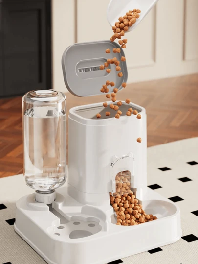 Cat & Dog Water Dispenser With Integrated Food Basin - 1-10L Capacity, No Batteries Needed, Modern White Design For Easy Cleaning & Hydration - Pet Hydration Solution, Automatic Pet Feeder, Sleek Pet Accessory, Sturdy Construction