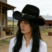 Men Women Cowgirl Hat Wide Brim Stylish Bull Head Belt Leather Design Western Cap For Daily Life Party - màu đen - Xem 2