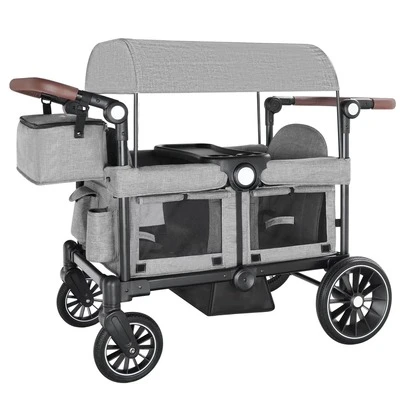  TODEFULL Foldable Kids Stroller Wagon, Push & Pull Wagon With Adjustable Handle, Removable Canopy, Detachable Tray & Storage Bag, Black