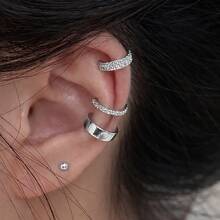 Set Of 3 Delicate Fake Ear Piercing Clip-On Earrings, Fashionable Unisex Set, Faux Studded, 18k Gold Plated, 925 Silver - 銀色 - 查看 1