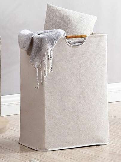 1 giỏ đựng quần áo bẩn bằng vải lanh, giỏ đựng đồ giặt bằng vải có thể gấp gọn, cầm tay, dùng cho phòng ngủ và phòng tắm, giỏ đựng đồ có tay cầm bằng gỗ, dung tích lớn đựng được quần áo và đồ chơi.