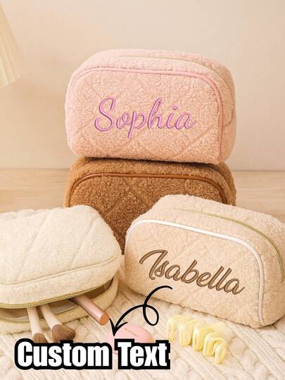 1pc Customized Embroidered Makeup Bag, Plush Zipper Storage Pouch, Ladies Toiletry Bag, Can Embroider English Name/Letter, Soft Touch, For Cosmetics, Skincare, Travel, Gifts For Girls/Women, Birthday, Anniversary, Bridesmaid, Personalized Makeup Bag