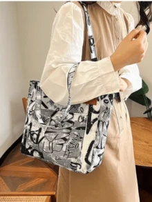 Bolso de lona, gran capacidad portátil, nuevo bolso de hombro multifuncional de moda para mujeres con estampado de graffiti, bolso de mano para estudiantes universitarios, mochila literaria para estudiantes, adecuado para mujeres o estudiantes, perfecto para guardar libros, artículos de compras, útiles escolares, bolso de mano para mujeres, artículo esencial para la universidad - Blanco y Negro - Ver 3