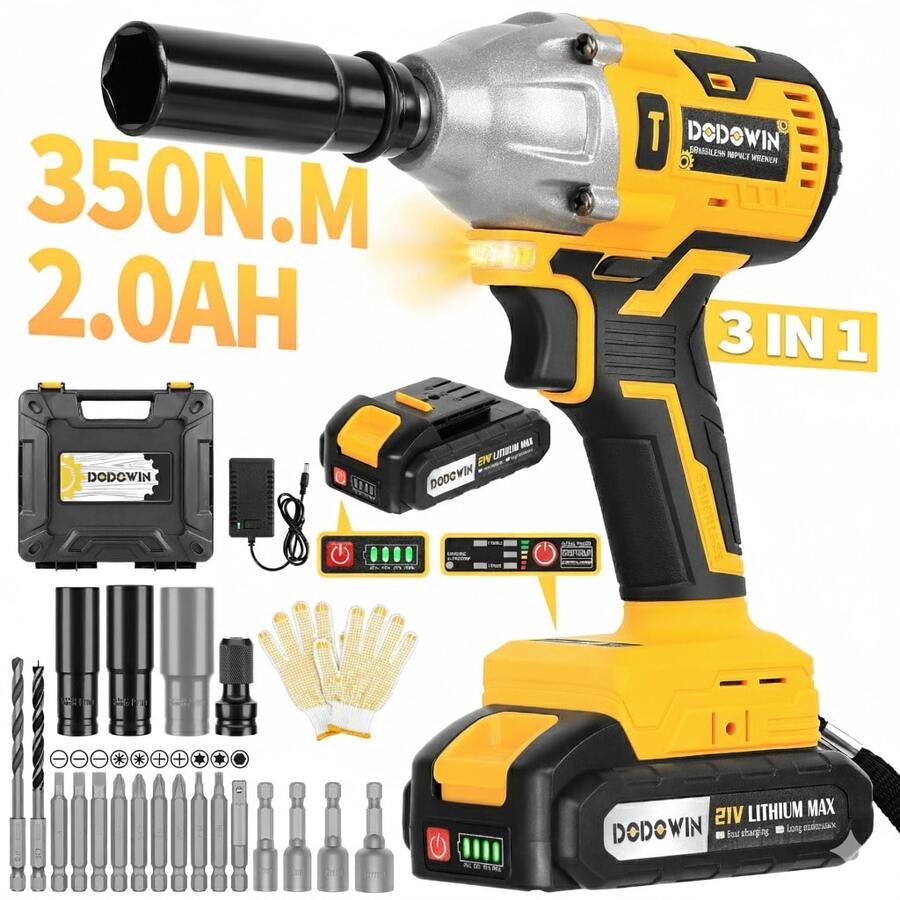 350 N. M Impact Wrench, Cordless Impact Gun 21V 1/2 Inch, Brushless Power Impact Driver, Torque, Comes With 2.0Ah Batteries, Charger, 6 Sockets And Full Accessories, Electric Impact Gun For Car And Home Use, Gifts For Dad, Him. - Pin 350N.M + 2.0AH + Phụ kiện bổ sung - Xem 1