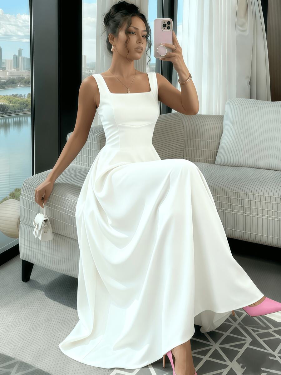 Ruffled Dress With Waist, Square Neckline, And Solid Color; Minimalist And Elegant, Suitable For Summer. - trắng - Xem 1