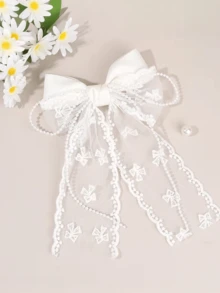 1pc White Lace Hair Bows For Women Girls, Large Tulle Faux Pearl Bow Hair Clips With Long Tail, Aesthetic Hair Accessories, French Vintage Mesh Ribbon Barrette For Wedding Bridal Party Valentine's Day Daily Wear For Festival And Festival - White - View 1