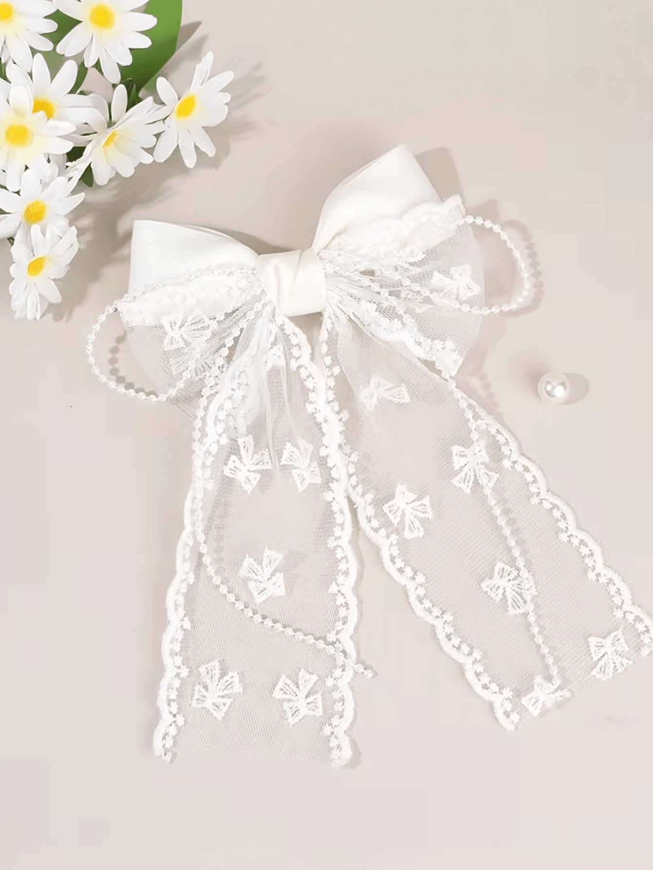 1pc White Lace Hair Bows For Women Girls, Large Tulle Faux Pearl Bow Hair Clips With Long Tail, Aesthetic Hair Accessories, French Vintage Mesh Ribbon Barrette For Wedding Bridal Party Valentine's Day Daily Wear For Festival And Festival - White - View 1