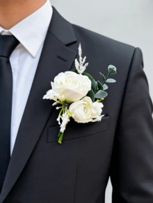 1pc/6pcs Artificial Silk Ivory Rose Flower Groom Boutonniere Man Brother Corsage Graduate Pin Suit Wedding Flowers Party Deocration - Milky White - View 1