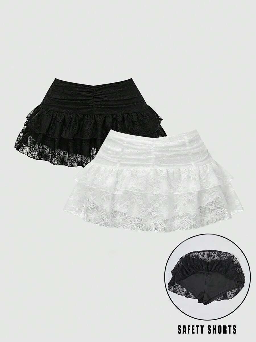 2pcs Women's Black & White Ruffled Layered Pleated Cute Cake Skirt, Suitable For Party, Shopping, And Events - Black and White - View 1