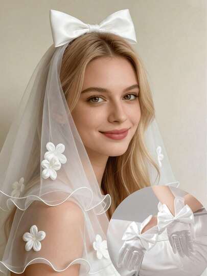 Bride's Short Butterfly Veil, Suitable For Bachelorette Party, Wedding Party Decor, White Wedding Dress, Short Satin Gloves, Bride's Pearl Gloves, Opera Gloves