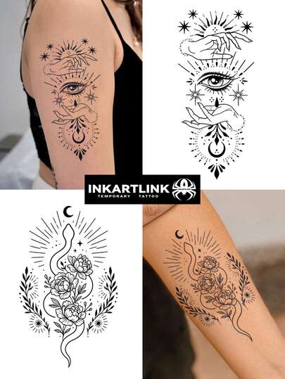  1张INKARTLINK艺术人脸花卉系列装饰性临时防水纹身贴纸，可持续1-2周，果汁纹身贴纸，秋冬季理想的身体装饰，男女皆宜