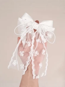 1pc White Lace Hair Bows For Women Girls, Large Tulle Faux Pearl Bow Hair Clips With Long Tail, Aesthetic Hair Accessories, French Vintage Mesh Ribbon Barrette For Wedding Bridal Party Valentine's Day Daily Wear For Festival And Festival - White - View 2