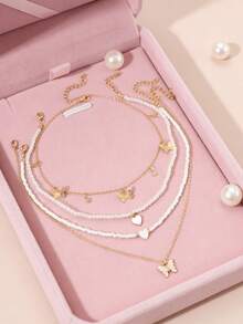 4pcs Drip Oil Butterfly & Heart Shaped Faux Pearl Beaded Butterfly Pendant Necklace Set For Teenage Girls - Multicolor - View 2