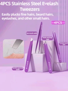 4pcs Stainless Steel Eyebrow Tweezers, Eyelash Extension Tweezers, Makeup Tools Set - Multicolor - View 1