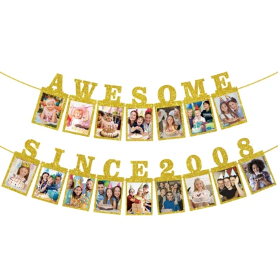 1 套，2008 版，DIY 串珠照片横幅生日装饰，男女皆宜 - 金色闪光 18 岁生日和周年纪念装饰派对用品，趣味闪光甜蜜 18 岁生日装饰，男女通用周年纪念派对