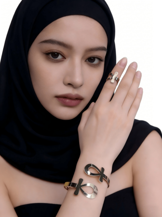 一套/件 Ala 时尚优雅奢华不锈钢可调节开口女士手镯戒指套装，百搭气质，Anka 十字符号手链，女士配饰，适合女士宴会、派对、聚会、日常休闲佩戴，情人节礼物之选。