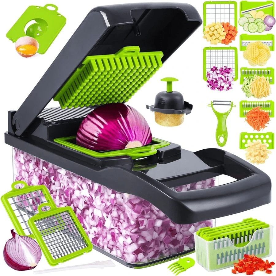 Juego de picador de verduras multifuncional 16 en 1 - Cortador de alimentos manual con cabezales de corte intercambiables para picar, rallar, rebanar frutas y verduras. Apto para lavavajillas con recipiente de almacenamiento.