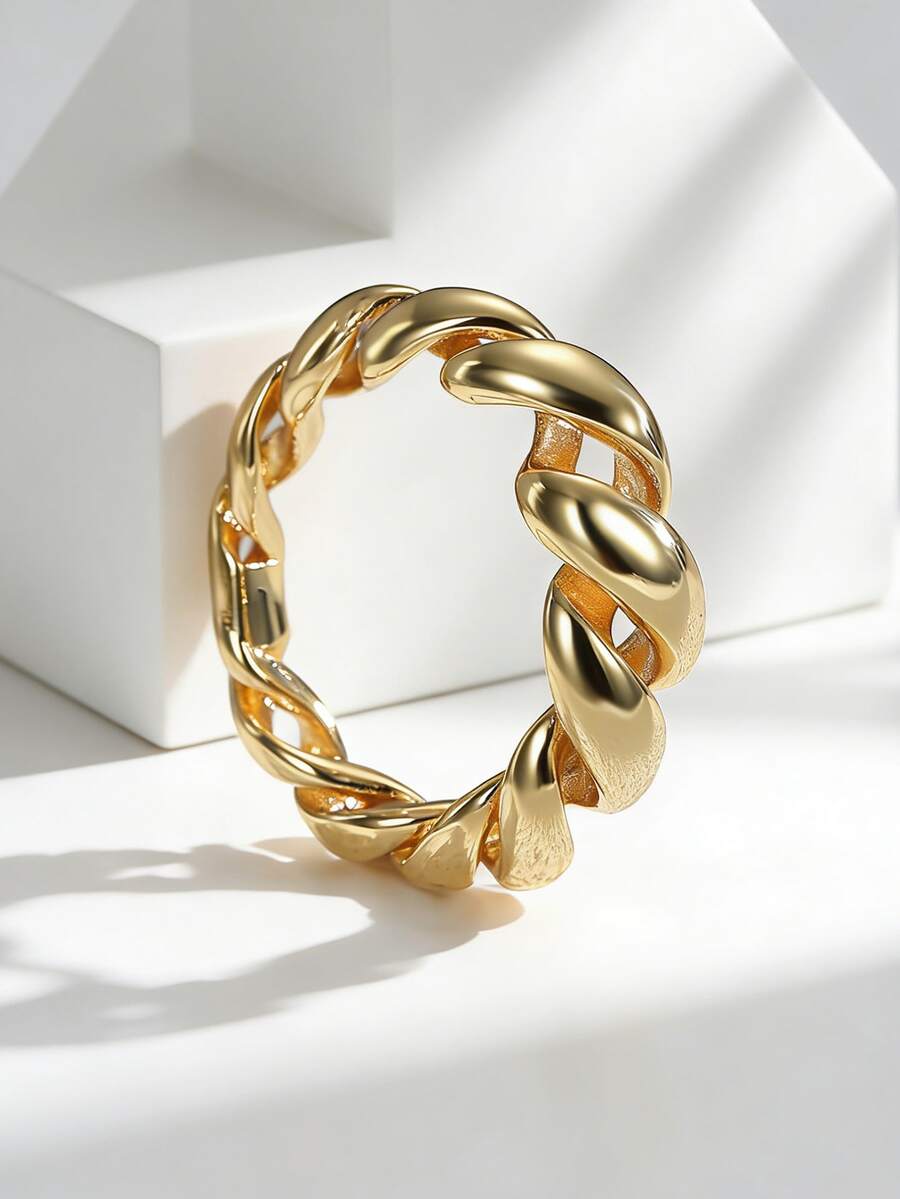 Charm-In Women's Gold-Plated Woven Textured Ring - Fashionable Retro Daily/Street/Party Accessory, Unique Gift For Fashion Enthusiasts - Gold - View 1