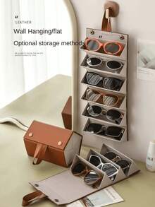 2/3/4/5/6格可折叠悬挂式旅行眼镜盒，PU皮革太阳镜收纳整理架 - 棕色 - 查看 4