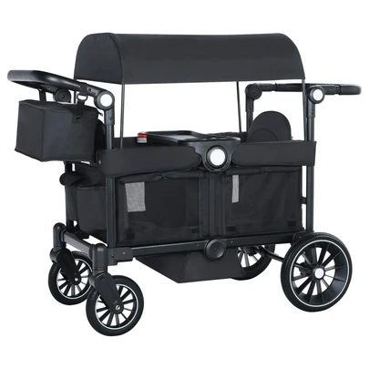  TODEFULL Foldable Kids Stroller Wagon, Push & Pull Wagon With Adjustable Handle, Removable Canopy, Detachable Tray & Storage Bag, Black