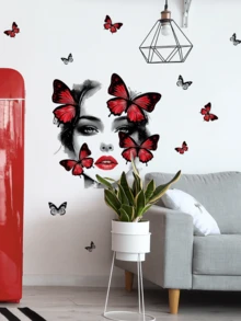 1pc Creative Girl Face & Red Butterfly Wall Sticker Decor For Living Room, Bedroom, Background Beautification, Removable Matte Self-Adhesive Wall Decal, Suitable For Living Room, Bedroom, Kids Room, Home Decor Sticker, Wall Sticker, Vinyl Sticker, Spring Decor, Adds Vitality To Your Home, Rama Decor Sticker Gift, Birthday Graduation Gift - Multicolor - View 1