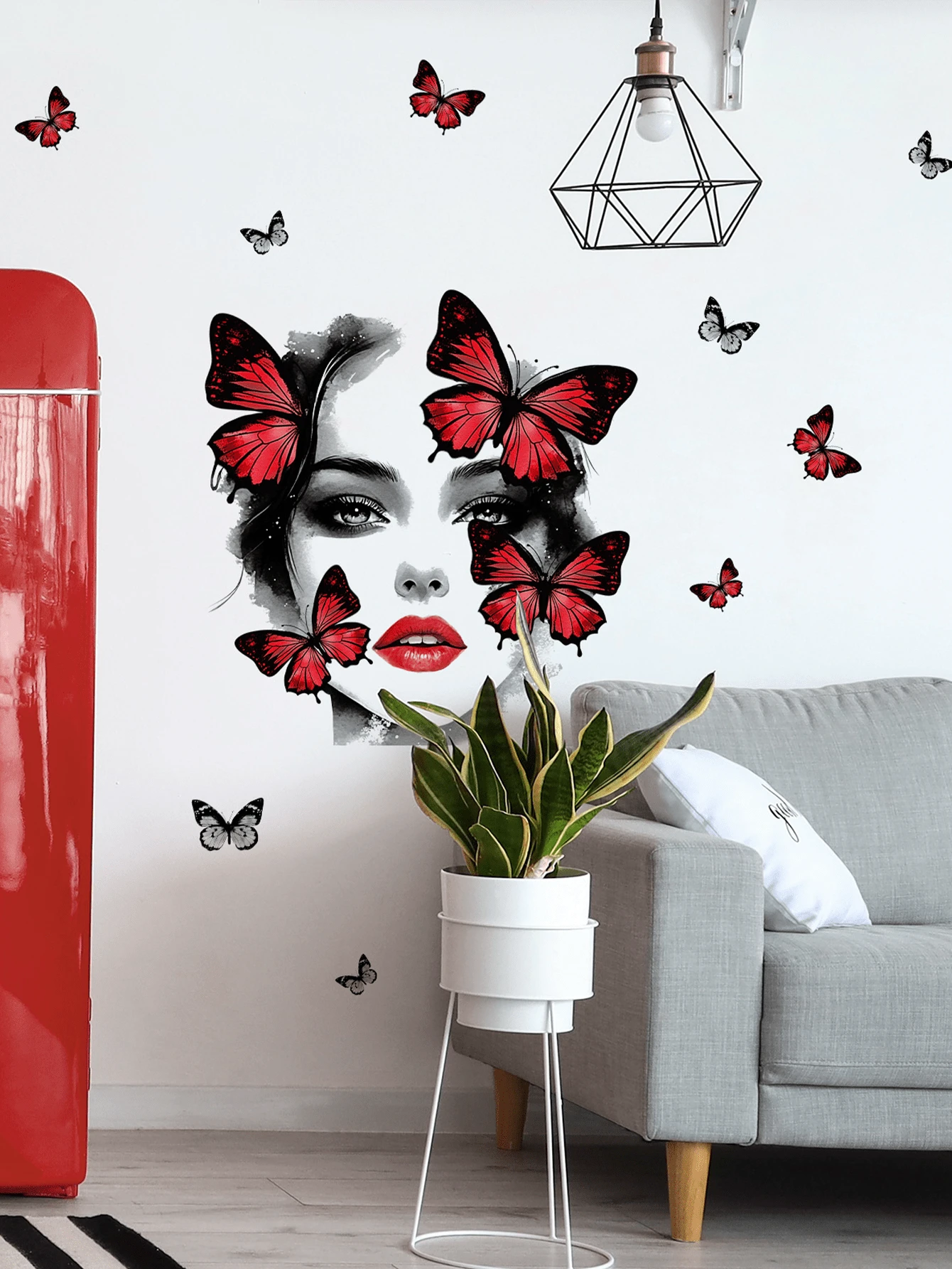 1pc Creative Girl Face & Red Butterfly Wall Sticker Decor For Living Room, Bedroom, Background Beautification, Removable Matte Self-Adhesive Wall Decal, Suitable For Living Room, Bedroom, Kids Room, Home Decor Sticker, Wall Sticker, Vinyl Sticker, Spring Decor, Adds Vitality To Your Home, Rama Decor Sticker Gift, Birthday Graduation Gift - Multicolor - View 1