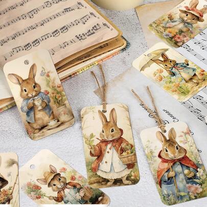 50pcs Vintage Rabbit Easter Theme Hanging Gift Tags With Hemp Rope - Cartoon Bunny Gift Tags, Hanging Labels For Gift Wrapping & Party Favor Decoration, Holiday Paper Gift Tags