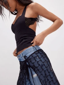 Women Halter Neck Tank Tops Sleeveless Lace Patchwork Summer Slim Fit Cropped Going Out Vest - 黑色 - 查看 3