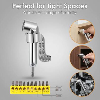 105 Degree Right Angle Drill Adapter, 2026 New Right Angle Head Drill Driver Extension Bit Power Screwdriver Socket Adapter With 12 Screwdriver Bits For Screwdriver & Drill ,1/4" Hex Shank Corner Tool Screw Hub For Household Work