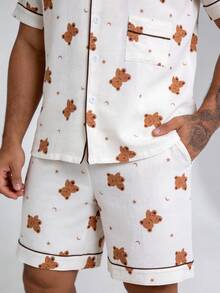 Snug League 2 Pieces Set, Men's Star & Moon Bear All-Over Print Short Sleeve Shorts Pajama Loungewear Set - Beige - View 6