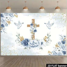 Biểu ngữ trang trí tiệc rửa tội và lễ rước lễ lần đầu thanh lịch với hình thánh giá bằng gỗ, chim bồ câu hòa bình, hoa hồng xanh và nền vàng lấp lánh, lý tưởng cho việc chụp ảnh. - Nhiều màu 2 - Xem 2