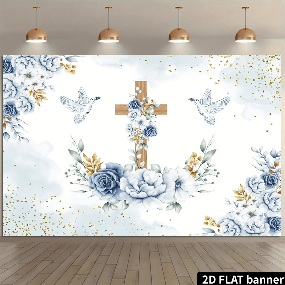 Biểu ngữ trang trí tiệc rửa tội và lễ rước lễ lần đầu thanh lịch với hình thánh giá bằng gỗ, chim bồ câu hòa bình, hoa hồng xanh và nền vàng lấp lánh, lý tưởng cho việc chụp ảnh.