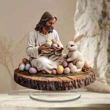 2D Flat Acrylic Bohemian Style Easter Jesus & Rabbit Desktop Decor, Religious Peace & Hope Theme, Multipurpose Home & Office Display, Ideal For Holiday Celebration, English Text, No Power Or Battery Required - Multicolor - View 4