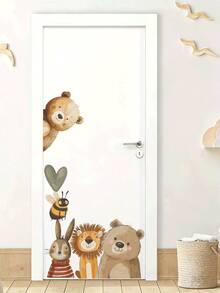 1pc Cute Lion, Rabbit And Bear Heart Pattern Cartoon Self-Adhesive Door Sticker, PVC Material Removable Bedroom Bathroom Door Wall Home Decor Sticker, Gift For Birthday, Graduation - Easy To Stick, Removable Room Door Decor, Bathroom Sticker For Home And Holiday Gifts