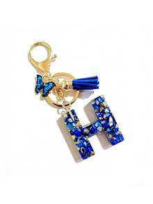 1个A-Y字母钥匙扣，精美蓝色流苏蝴蝶，英文字母钥匙扣，水晶树脂水滴吊坠，女士包包挂饰，汽车挂件，送给她的礼物